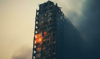 Towering building engulfed in a fierce blaze, with smoke billowing. AI generative. photo