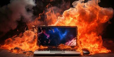 Laptop fiercely burning and smoking. AI generative. photo