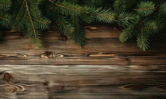 On a textured wooden surface, fresh pine branches. AI generative. photo