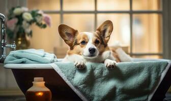 Corgi enjoys a sunny spa day, relaxing on a blanket. AI generative photo