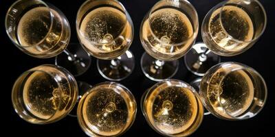 Top view of numerous champagne glasses. AI generative photo