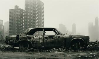 abandonado, destrozado coche en un ciudad. ai generativo foto