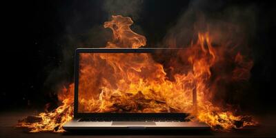 Laptop fiercely burning and smoking. AI generative photo