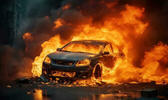 ardiente coche emitiendo grueso fumar en un calle. ai generativo. foto