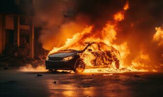 ardiente coche emitiendo grueso fumar en un calle. ai generativo foto