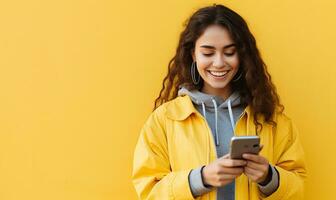 Smiling woman in a stylish yellow jacket, focused on her phone. AI generative. photo