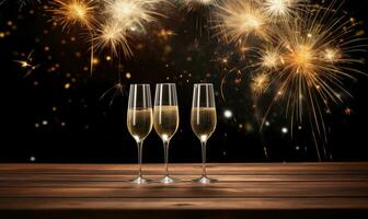 Joyful moment captured with filled champagne glasses and a spectacular fireworks. AI generative photo