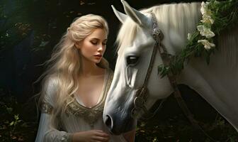 Graceful woman and white horse share a tranquil moment. AI generative. photo