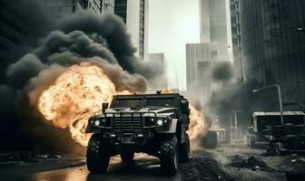 ardiente explosión engulle un militar vehículo en medio de un oscuro. ai generativo. foto