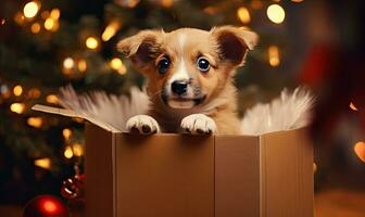 A playful puppy and a twinkling Christmas tree. AI generative. photo