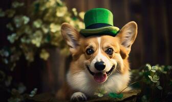 encantador corgi celebrando S t. patrick's día con un parte superior sombrero y trébol. ai generativo. foto