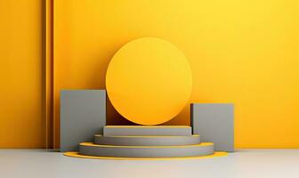Bold yellow circle elevated on a podium on yellow setting. AI generative. photo