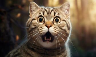 Shocked cat with wide-open mouth. AI generative photo
