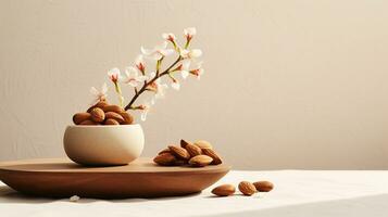 Photo of Almond on a minimalist table. Generative AI