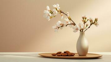 Photo of Almond on a minimalist table. Generative AI