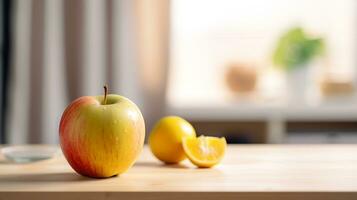 Photo of Apple on a minimalist table. Generative AI