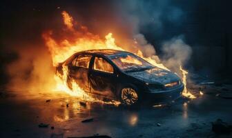 Burning car emitting thick smoke on a street. AI generative. photo