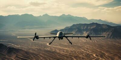 A military drone surveils a vast, barren desert. AI generative. photo