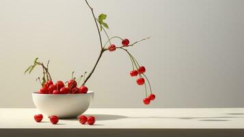 Photo of Barbados cherry on a minimalist table. Generative AI