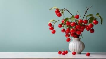 Photo of Barbados cherry on a minimalist table. Generative AI