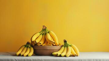 Photo of Banana on a minimalist table. Generative AI