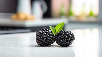 Photo of Blackberry on a minimalist table. Generative AI