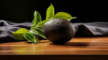 Photo of Black sapote on a minimalist table. Generative AI