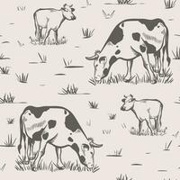 Cows grazing on meadow ink sketch seamless pattern vector