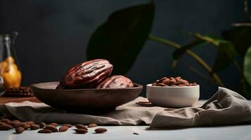 Photo of Cacao on a minimalist table. Generative AI