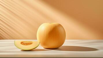 Photo of Cantaloupe on a minimalist table. Generative AI