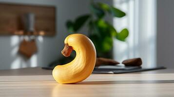Photo of Cashew on a minimalist table. Generative AI