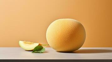 Photo of Cantaloupe on a minimalist table. Generative AI