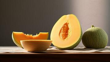 Photo of Cantaloupe on a minimalist table. Generative AI