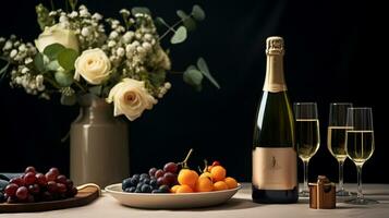 Photo of Champagne on a minimalist table. Generative AI