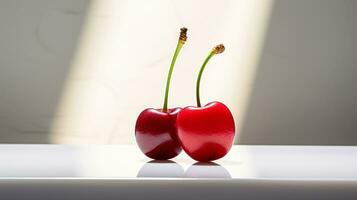 Photo of Cherry on a minimalist table. Generative AI