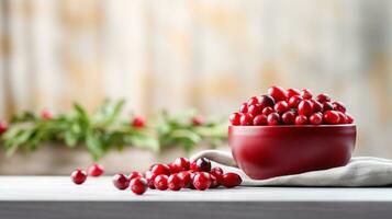 Photo of Cranberry on a minimalist table. Generative AI