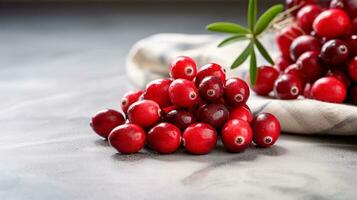 Photo of Cranberry on a minimalist table. Generative AI