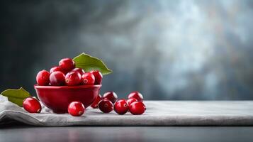 Photo of Cranberry on a minimalist table. Generative AI