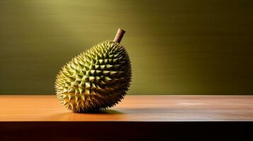 Photo of Durian on a minimalist table. Generative AI