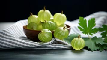Photo of Gooseberry on a minimalist table. Generative AI