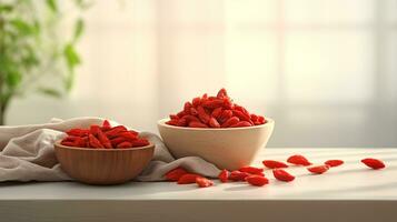 Photo of Goji berry on a minimalist table. Generative AI