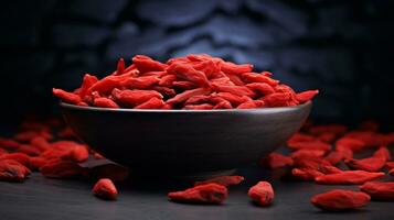 Photo of Goji berry on a minimalist table. Generative AI