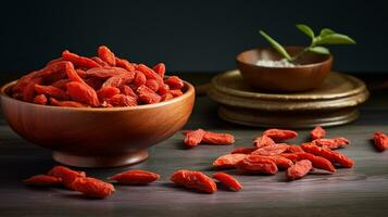 Photo of Goji berry on a minimalist table. Generative AI