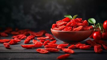 Photo of Goji berry on a minimalist table. Generative AI