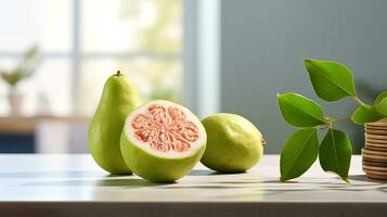 Photo of Guava on a minimalist table. Generative AI