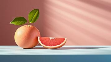 Photo of Grapefruit on a minimalist table. Generative AI