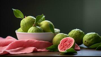 Photo of Guava bol on a minimalist table. Generative AI