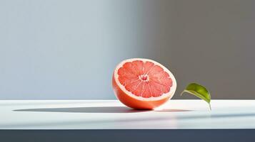 Photo of Grapefruit on a minimalist table. Generative AI