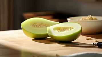 Photo of Honeydew on a minimalist table. Generative AI