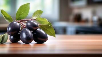 Photo of Honeyberry on a minimalist table. Generative AI